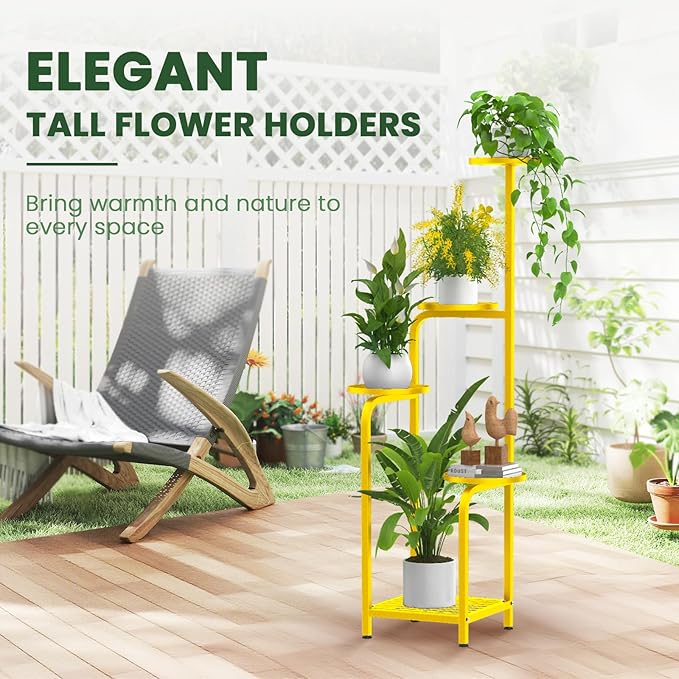 TOSKING 5 Tier Tall Plant Stand Indoor Outdoor, Heavy Duty Corner Shelf for Plants & Decor, Space Saving 3.9FT Metal Flower Pot Stand for Balcony, Garden, Living Room, Patio( Yellow, 5Tier SQ Base)