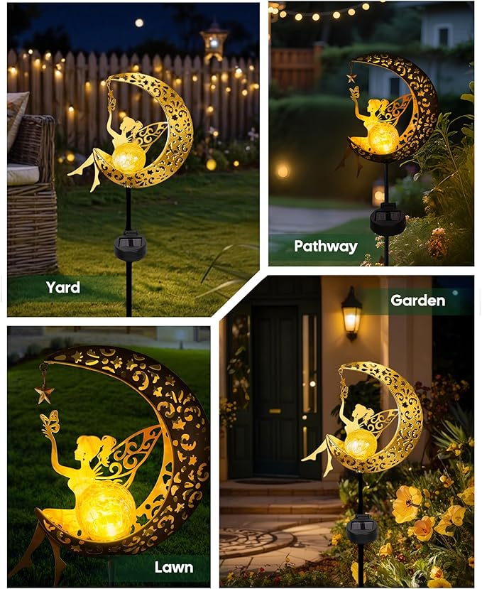 Solar Garden Statues Outdoor Decor, Fairy Moon Figurine Light Stake, Housewarming Ornament for Patio, Lawn, Yard, Pathway - Unique Gift Ideas for Gardening Mom Grandma