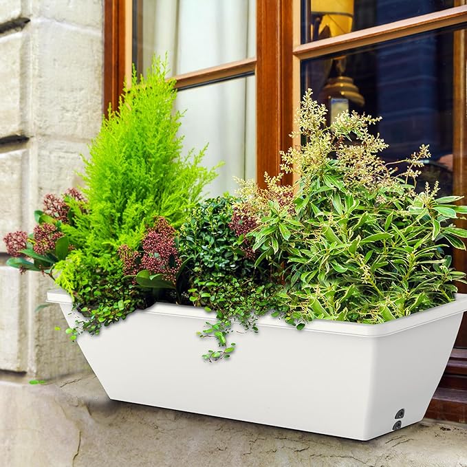 8 Pack 24 Inch Window Planter Box, White Large Plastic Rectangle Flower Planter Boxes with Water Absorbing Net Indoor and Outdoor Flower Pots for Windowsill, Balcony, Patio, Porch (White, 24 Inch)