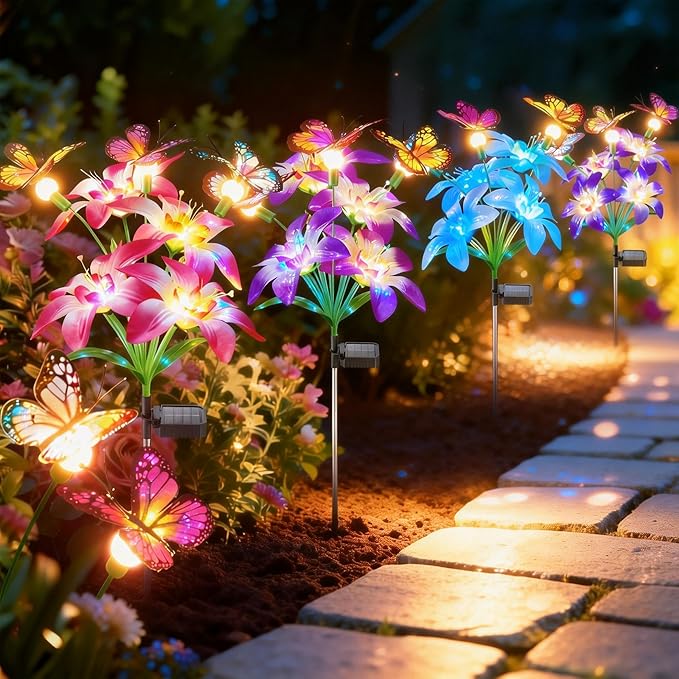 Garpar Solar Lights Outdoor Decorative, Upgraded 4 Pack Flowers with 16 Color Changing Lilies and 12 Butterflies, Brighter Waterproof Garden Decor for Yard Lawn Pathway, Gift for Mom Women Grandma
