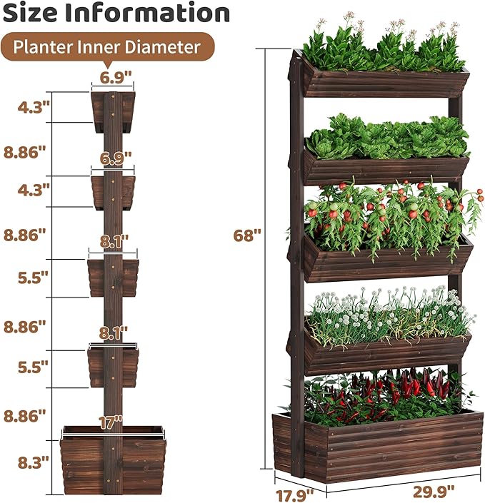 FILWH Wooden Raised Garden Bed Vertical Planter Box, Freestanding Plant Stand for Indoor Outdoor Plants, Herbs, Flowers, Vegetables, Gardening (Carbonized, 5-Tier，29.9 x 17.9 x 68in)