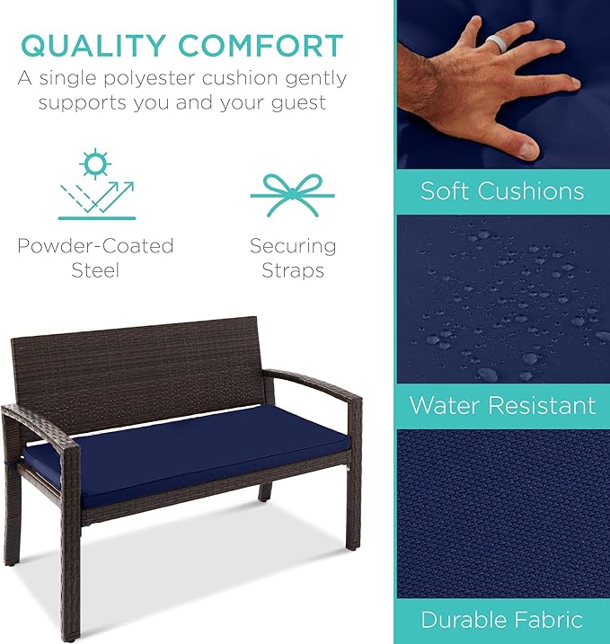Best Choice Products Outdoor Bench 2-Person Wicker Garden Patio Benches Seating Furniture for Backyard, Porch w/Seat Cushion, 700lb Capacity - Navy/Brown