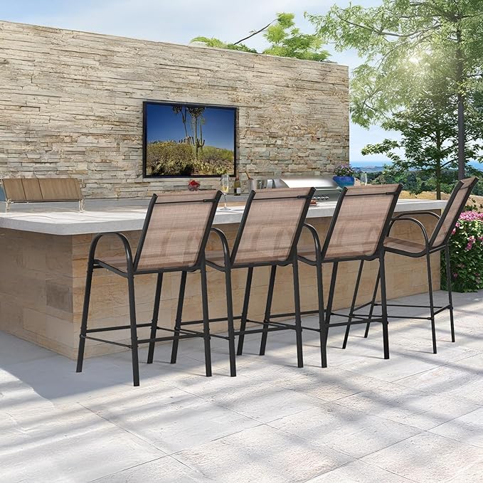 HOMREST Outdoor Bar Height Stools Set of 4,High Back Patio Chairs with Armrests,Textilene Chairs with Breathable Fabric & Metal Frame for All Weather,Brown