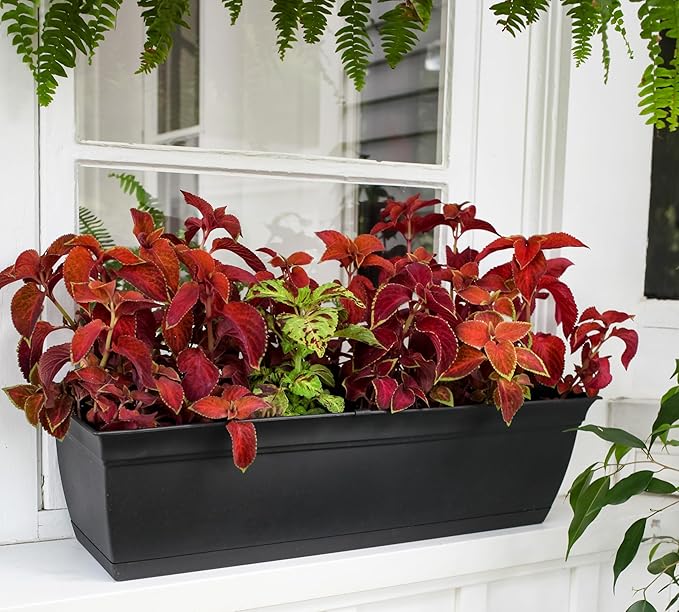 The HC Companies 24 Inch Eclipse Window Planter Box with Drainage Holes & Attached Saucer, Lightweight UV-Resistant Plastic Indoor & Outdoor Planters, 2-Pack Flower Box for Garden & Home Decor, Clay