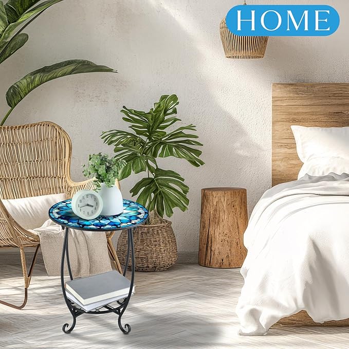 Outdoor Side Table Round Small Mosaic Patio Accent Indoor End Plant Coffee Tea Table for Yard Patio Porch Garden Living Room, Bedroom(Mandala Flower Style,14 Inch)