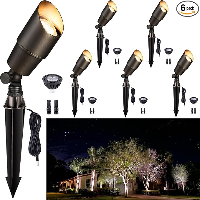 Gardenreet Solid Brass Spot Lights - Low Voltage Landscape Spotlight Outdoor, 12V LED Uplights Wired Waterproof, Electric Bronze for Patio Wall with 5000K Daylight MR16 Bulb (6 Pack)