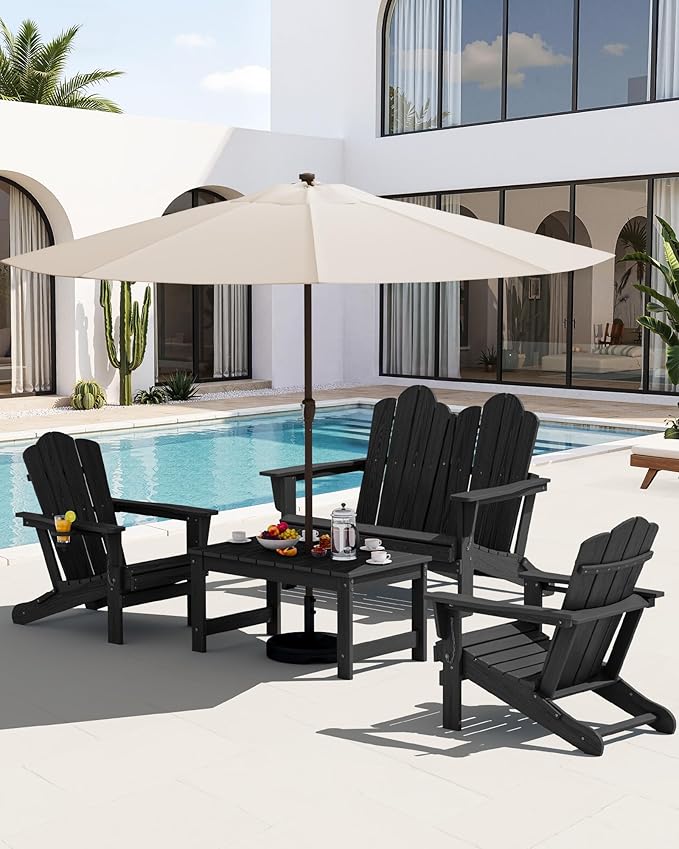 SERWALL Outdoor Coffee Table with 9FT Umbrella, HDPE Patio Coffee Table for Outside, Rectangle, Black(Not Include Umbrella Base)