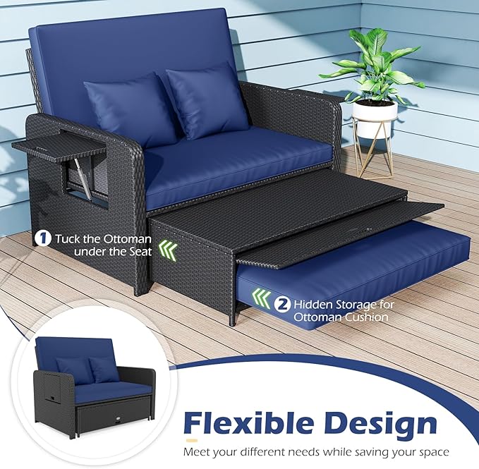 Tangkula Patio Rattan Daybed with 4-Level Adjustable Backrest, Outdoor PE Wicker Loveseat with Storage Ottoman & Folding Side Tray, Double Sunbed Lounger for Balcony, Backyard & Poolside (Navy)