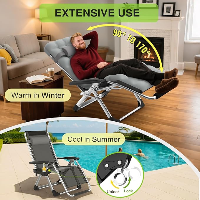 Suteck Zero Gravity Chair Set of 2, Reclining Camping Lounge Chair w/Removable Cushion, Upgraded Lock and Cup Holder, Reclining Patio Chairs Folding Recliner for Indoor and Outdoor