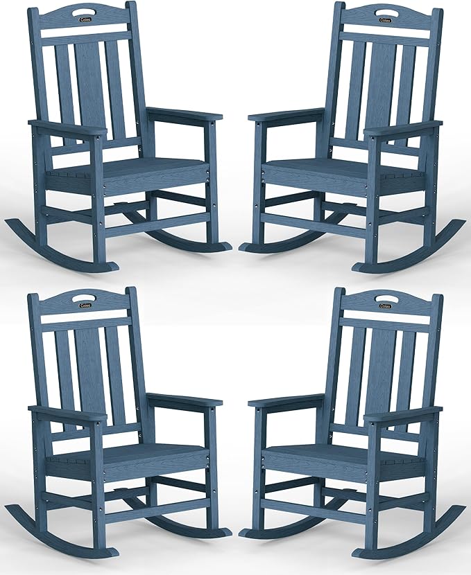Ciokea Oversized Outdoor Rocking Chairs Set of 4, 380lbs Heavy-Duty Large Patio Rocker, High Back Cozy Porch Chairs, Weather Resistant Patio Rocking Chairs for Outside, Fire Pit, Deck, Slate Blue