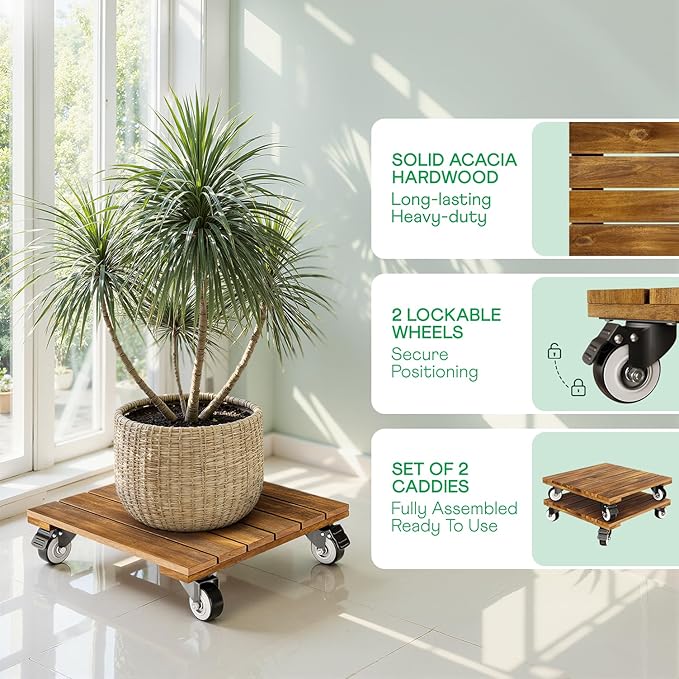 Idzo 2-Pack 12 Inch Acacia Wood Rolling Square Plant Caddy for Plant Pots, Heavy Duty Plant Stand with 360° Lockable Wheels, 264 lbs Capacity Caddy for Indoor and Outdoor Use, Natural Wood