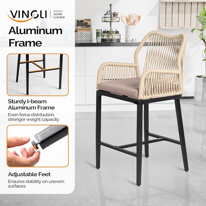 VINGLI Outdoor Counter Height Bar Stools Set of 2, Rattan Outdoor Barstools Boho Woven Patio Bar Stools with Backrest, Aluminum Frame Patio Garden Balcony Pool Bar Chairs (2 PCS)