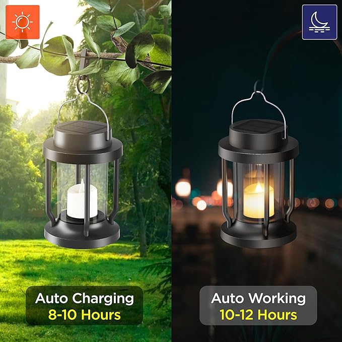 Solar Lantern Outdoor & Indoor Use – Hanging Solar Lights with Realistic Flickering Flameless Candle, Weatherproof for Gardens, Patios, Trees, and Lawns (Black, 1 Pack)