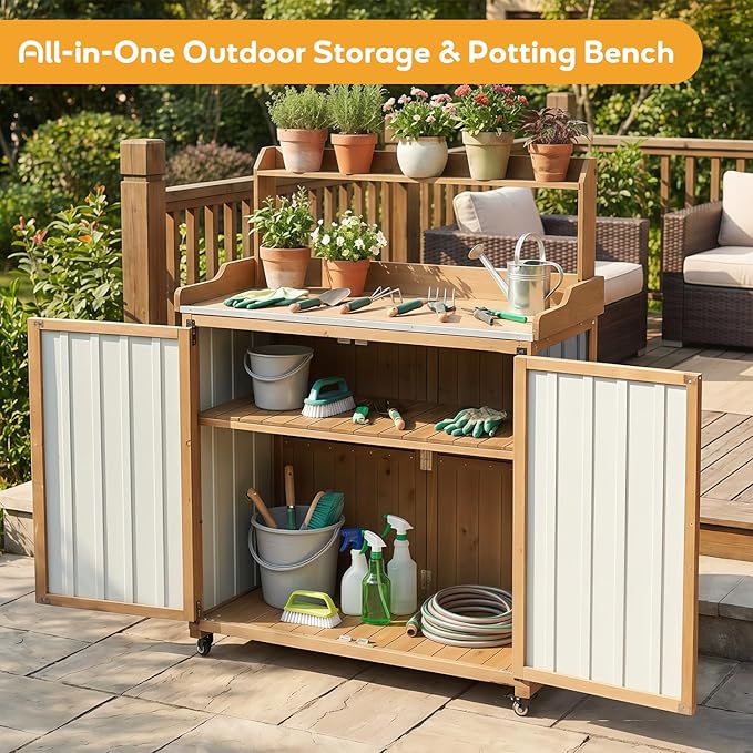Potting Bench Table & Outdoor Storage Cabinet with Lockable Wheels, Adjustable Shelves, Mobile Waterproof Metal Top Workstation for Garden Patio BBQ Organization, Magnetic Latch & Edge Guard