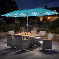 Tangkula 9 Pieces Rattan Outdoor Dining Set with 13Ft Solar Patio Umbrella for 6, Outdoor Wicker Table Set with 8 Cushioned Chairs, Acacia Wood Top, Outdoor Umbrella with Base Included