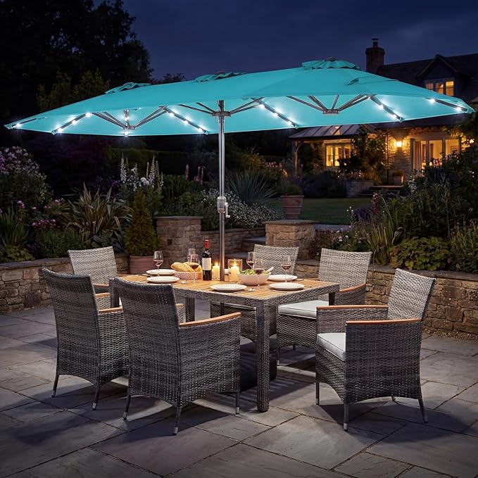 Tangkula 9 Pieces Rattan Outdoor Dining Set with 13Ft Solar Patio Umbrella for 6, Outdoor Wicker Table Set with 8 Cushioned Chairs, Acacia Wood Top, Outdoor Umbrella with Base Included