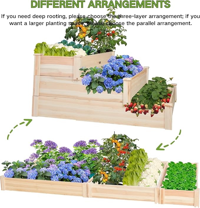 3-Tier Raised Garden Bed with Fabric Liner, Wood Elevated Planter Box with Dovetail Joint Design, 3 Dividable Bed Kit for Vegetables/Herbs/Flowers, Outdoor Gardening for Patio, Lawn, Balcony