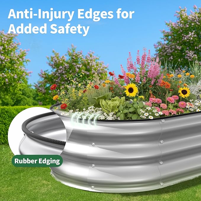 Kesfitt Raised Garden Bed, 5x2x1 FT Galvanized Steel Metal Raised Garden Bed, Oval Open-Bottom Design, 12-Inch Deep for Outdoor Vegetable & Herb Gardening, Silver