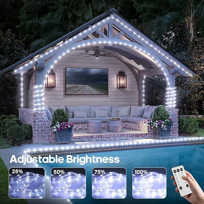 100Ft 720 LED Rope Lights Outdoor Waterproof with Remote, 8 Modes and 4 Brightness Rope Lights for Outside, Garden, Patio, Pool, Bedroom, Party, Indoor Outdoor Decoration (Cool White)
