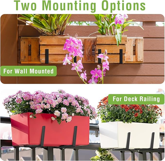 Window Box Brackets, Adjustable Hanging Railing Planter Box Brackets, Heavy Duty Wall Mount Iron Flower Box Holder for Outdoor Windowsill, Balcony, Garden, and Fence (2 Pack)