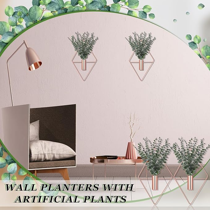 Jexine 8 Pcs Hanging Planters with Artificial Eucalyptus Metal Hanging Vase Indoor Plants Holder Modern Geometric Boho Bathroom Wall Decor for Living Room Home Office (Eucalyptus,Rose Gold)