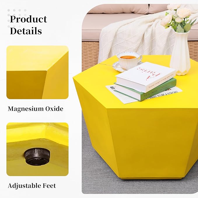 UPHA Outdoor Hexagon Coffee Table, Small Modern Minimalist Accent Tables, Low Light Concrete Center Table for Living Room, Outside Patio, Deck, 28×24.2×15.4, Lemon Yellow