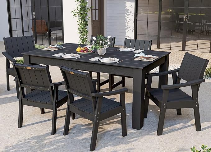 ZHUSI Patio Table and Chairs Set, Outdoor Table and Chairs,HDPE Outdoor Dining Set with Umbrella Hole for Backyard, Poolside, Porch (Black, 7 PC)