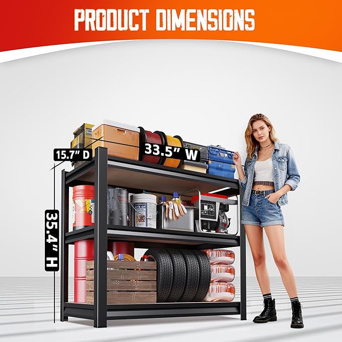 Set of 2 Garage Shelving,3 Tier Garage Storage Shelves,Adjustable Heavy Duty Metal Shelving Units and Storage Large Rack,Utility Steel Shelf For Shop Warehouse Industrial Pantry Basement 33"x35"x16"