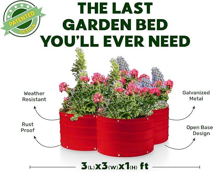 Plant & Plot Galvanized Raised Garden Beds Outdoor // 3×3×1 ft Planter Raised Beds for Gardening, Vegetables, Flowers // Large Metal Garden Box (Red) // Patented Tool-Free Design
