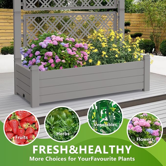 Raised Garden Bed with Trellis for Climbing Plants, 43.43" L x 18.27" W x 59.29" H Self Watering Planter Box with Drainage Holes for Outdoor Backyard Patio Balcony, Anti-Rust Resin (Grey)