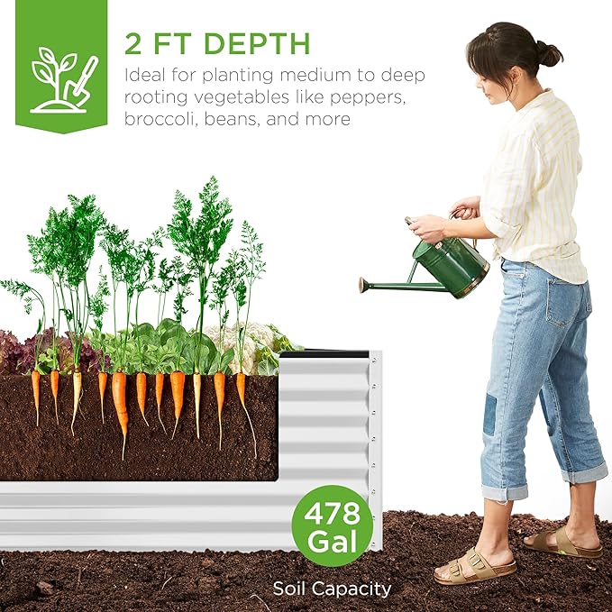 Best Choice Products 8x4x2ft Outdoor Metal Raised Garden Bed, Deep Root Planter Box for Vegetables, Herbs & Flowers, 478-Gallon Capacity, 100% Non Toxic Materials - White