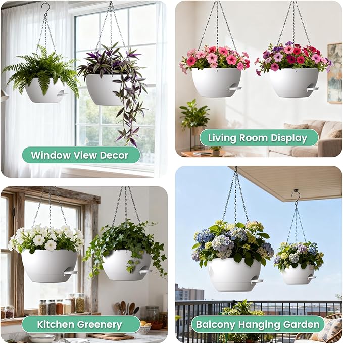 13 Inch 2 Pack Large Self Watering Hanging Planters for Indoor Outdoor Plants, Hanging Plant Pots with Removable 50 Oz Reservoir, Plastic Hanging Basket for Window Porch Garden, White