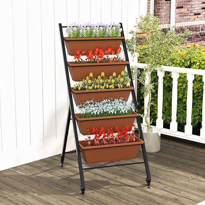 Giantex 2 Pcs Vertical Planter Raised Bed on Wheels, Elevated Garden Beds with Water Drainage Hole, Freestanding 5 Container Boxes for Herb Vegetables Flowers Growing, Outdoor Indoor Patio Balcony