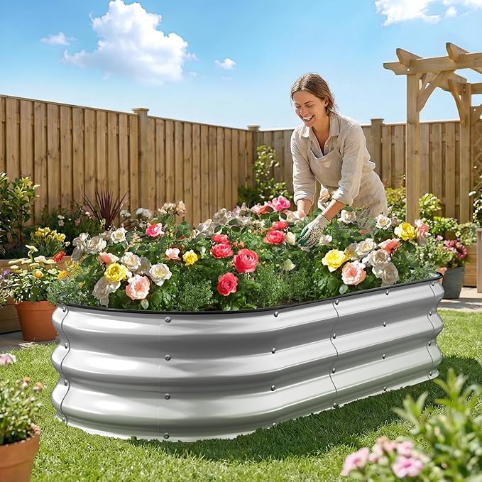 Kesfitt Raised Garden Bed, 5x2x1 FT Galvanized Steel Metal Raised Garden Bed, Oval Open-Bottom Design, 12-Inch Deep for Outdoor Vegetable & Herb Gardening, Silver