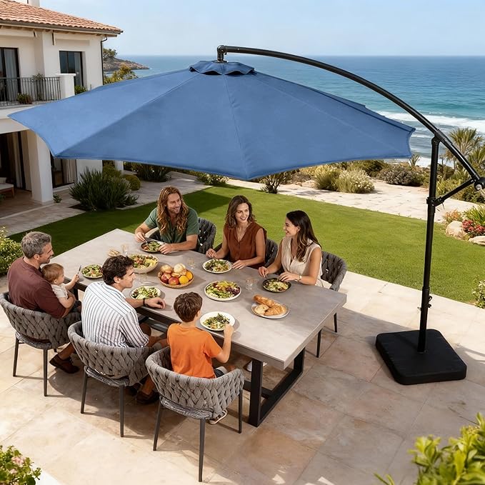 OLILAWN 10ft Patio Umbrella with Base Included, Outdoor Offset Cantilever Umbrella Upgraded Yarn-dyed Fabric Shade, Sturdy 8 Rids,360 Degree Rotation & Easy Tilt Adjustment, for Pool Deck Porch Backyard Garden,Sapphire