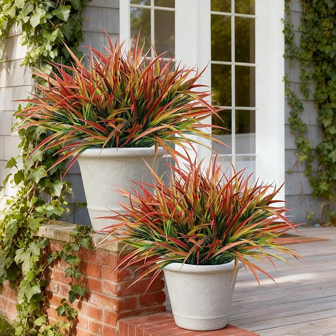 Ivydale 12Pcs Fake Plants Outdoor Artificial Plastic Grass Spring Decoration UV Resistant Faux Greenery Stems Bushes Outside Fake Plants for Planters Patio Porch Window Box Pathway Garden Home Decor
