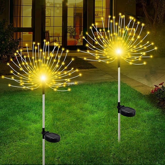 Solar Garden Lights Outdoor, 6 Pack 120 LED Twinkling Firework Lights Decorative with 2 Modes, Outdoor Waterproof Solar Starburst Light for Outside Yard Pathway Garden Decor, Warm White