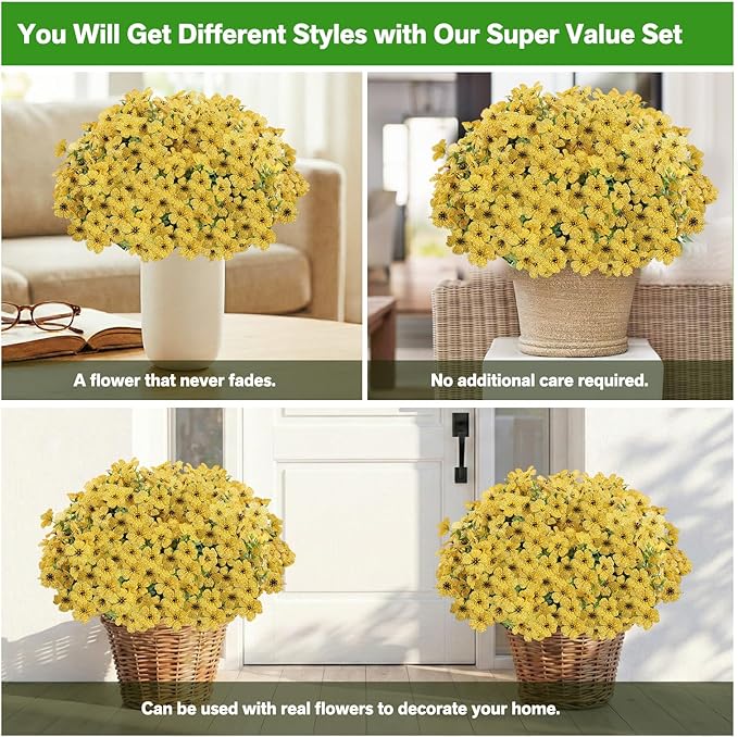 Artificial Flowers for Outdoor,Silk Flowers No Fade Fake Plastic Flowers UV Resistant Faux Plants for Outdoors Outside Front Porch Hanging Planter Window Box Garden Home Decoration,13 Pack(Yellow)