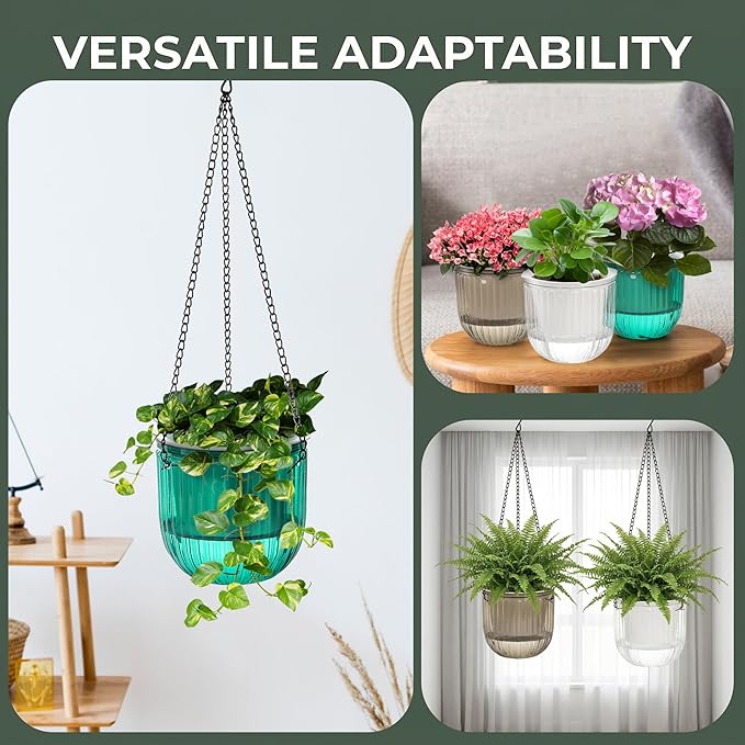 3 Pack Self Watering Hanging Planters, 6.5 Inch Hanging Flower Pot with Drainage Hole, Plastic Hanging Basket with 3 Hooks Chains, Plant Hanger for Indoor Outdoor Plants, Herbs (3 Colors)