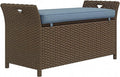 Outsunny 29 Gallon Patio Wicker Storage Bench, Outdoor PE Rattan Patio Furniture, 2-in-1 Large Capacity Rectangle Garden Storage Box with Handles and Cushion, Dark Blue