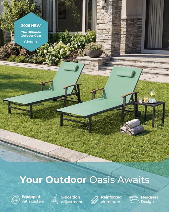 Ciokea Outdoor Lounge Chair with Pillow, 5-Position Aluminum Chaise Lounge with Wheels & Armrests, 400 lbs Heavy Duty Patio Pool Chair for Deck, Backyard, Beach & Poolside, Light Green