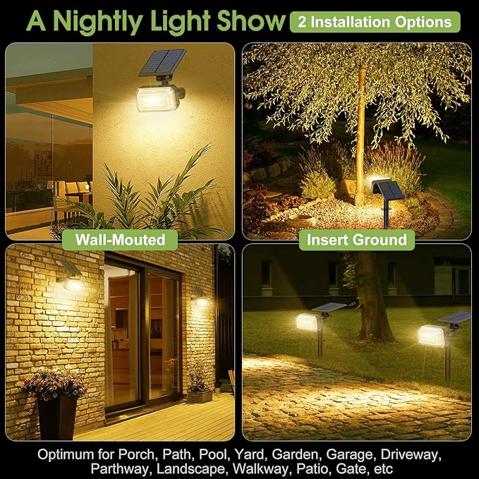 102 LED Solar Spot Lights Outdoor Waterproof IP65, Adjustable Landscape Spotlights, [2 Pack/4 Modes] Auto On/Off Solar Powered Flood Lights for Outside Yard Garden Wall Pathway (Warm White)