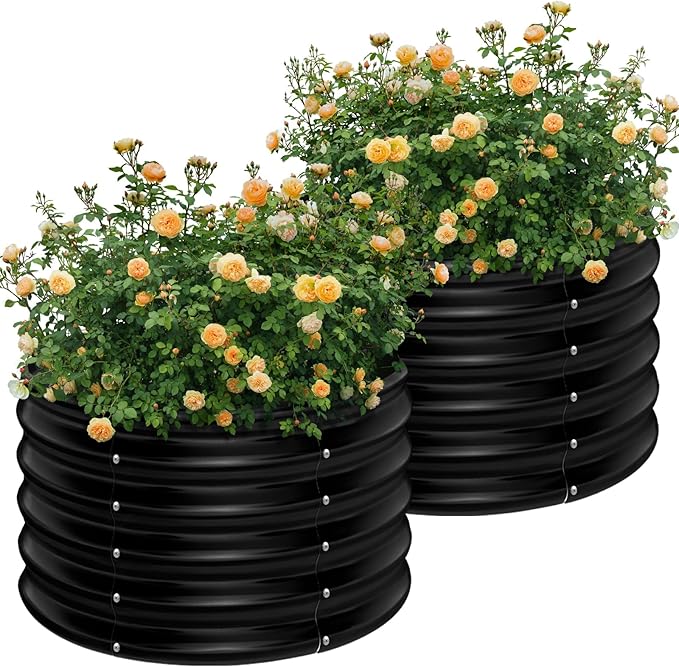 AHEONLAR 2 Pack 2x2x1.5ft Round Galvanized Raised Garden Bed Outdoor Metal Planter Box for Vegetables Steel Raised Beds for Gardening Black