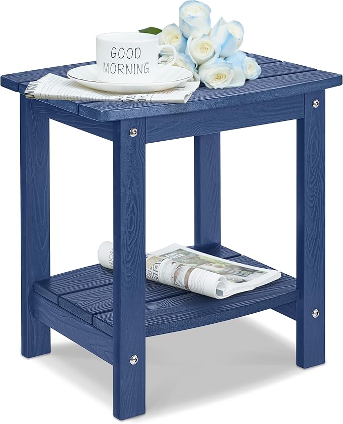 Y&M Outdoor Side Table, HIPS Adirondack Small Double Layer Table, Waterproof Square Outside Table, Balcony End Tables for Patio, Pool, Porch, Deck, Indoor or Outdoor Use, Navy Blue