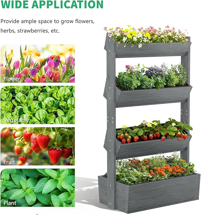 DoCred Vertical Wooden Raised Garden Bed, 4 Tier Upgraded Garden Planters Freestanding Wood Plant Stand Flower Rack Wooden Planter Box for Plants Herbs Flowers Vegetables Outdoor Indoor