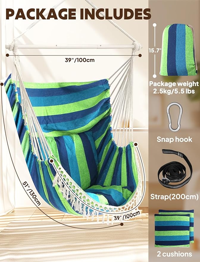 Chihee Hammock Chair Hanging Swing Max 500 Lbs 2 Cushions Included Metal Spreader Bar with Anti-Slip Grooves Portable Hanging Chair Side Pocket Large Macrame Bohemian Chair Indoor Outdoor