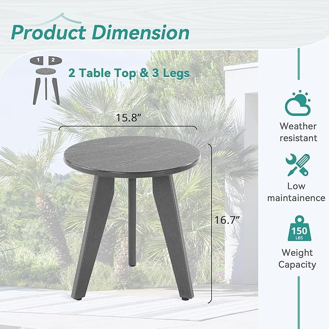 HDPS Outdoor Side Table, Small Round Side Table Weather-Resistant, Outdoor Side Tables for Patio, Porch, Deck, End Table for Plant Stand, Living Room, Bedroom, Gray