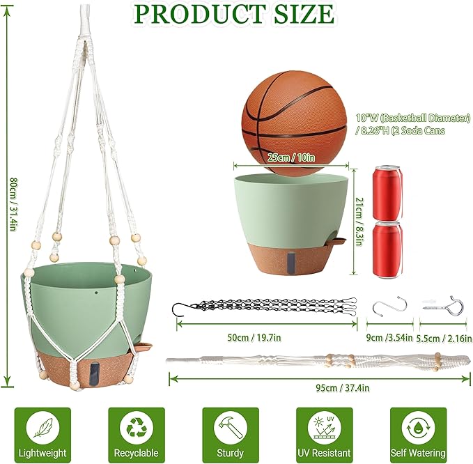 10 Inch Hanging Planters for Indoor Plants, 2 Pack Self Watering Hanging Baskets Flower Pots with Drainage Hole, Visual Reservoir & 2 Kinds of Plant Hanger for Home Decor