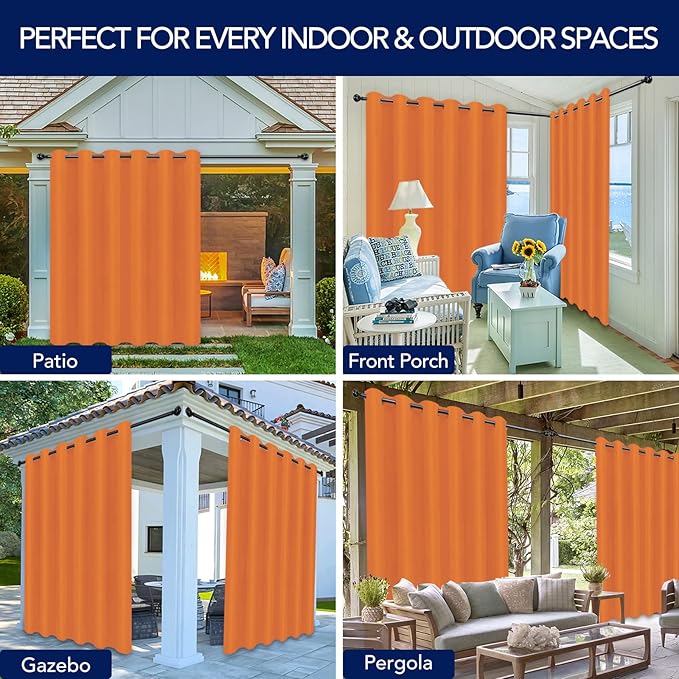 PureFit Outdoor Curtains for Patio Waterproof Weatherproof, UV Resistant Outside Curtains for Gazebo, Front Porch, Pergola, Sun Blocking Privacy Curtain, 100W x 95L inch, 1 Panel, Orange