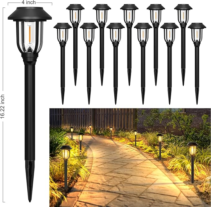 12 Pack Solar Pathway Lights Outdoor, Dusk to Dawn Solar Lights Outdoor Waterproof,Solar Garden Lights Solar Powered, Landscape Lighting for Yard Walkway Driveway Path Warm White